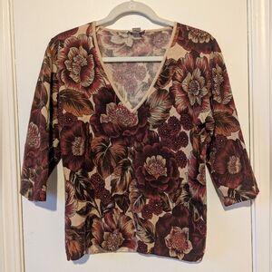 100% Cashmere MaxMara Burgundy Floral V-Neck Blouse